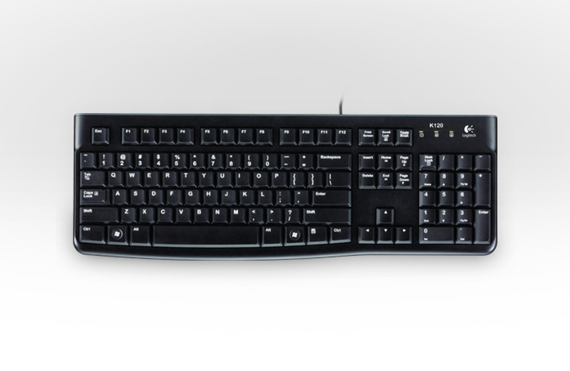 Czarna klawiatura Logitech na białej powierzchni. Klawiatura ma białe litery i cyfry na klawiszach.
