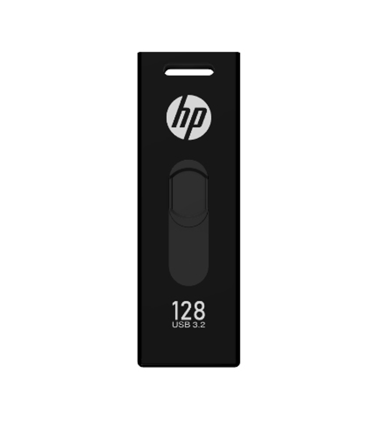Czarny dysk USB HP. Ma logo i napis 128 USB 3.2.