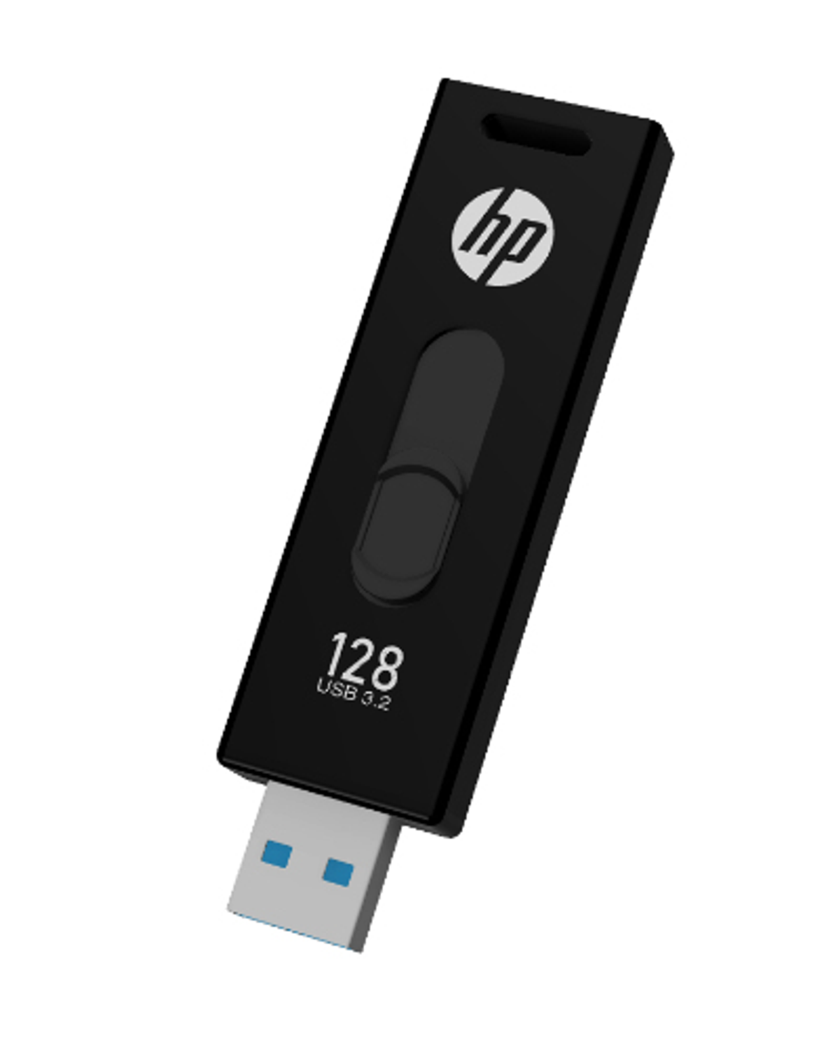Czarny pendrive z logo 'hp' i napisem '128 USB 3.2'.