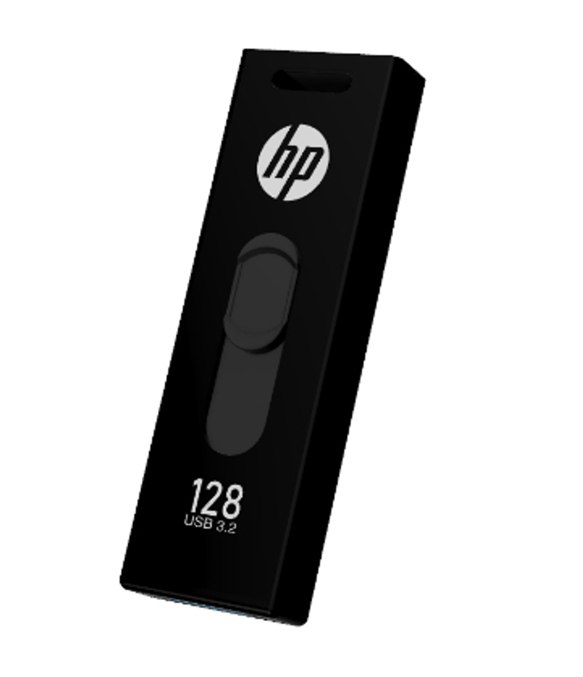 Czarny pendrive USB z logo 'hp' i tekstem '128 USB 3.2'.