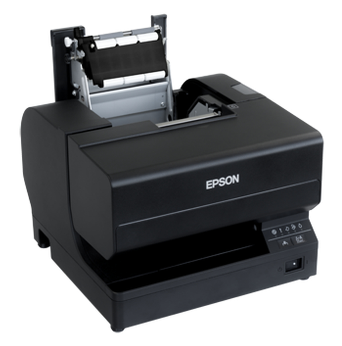 Una stampante Epson nera su sfondo bianco, con etichetta e pulsanti.