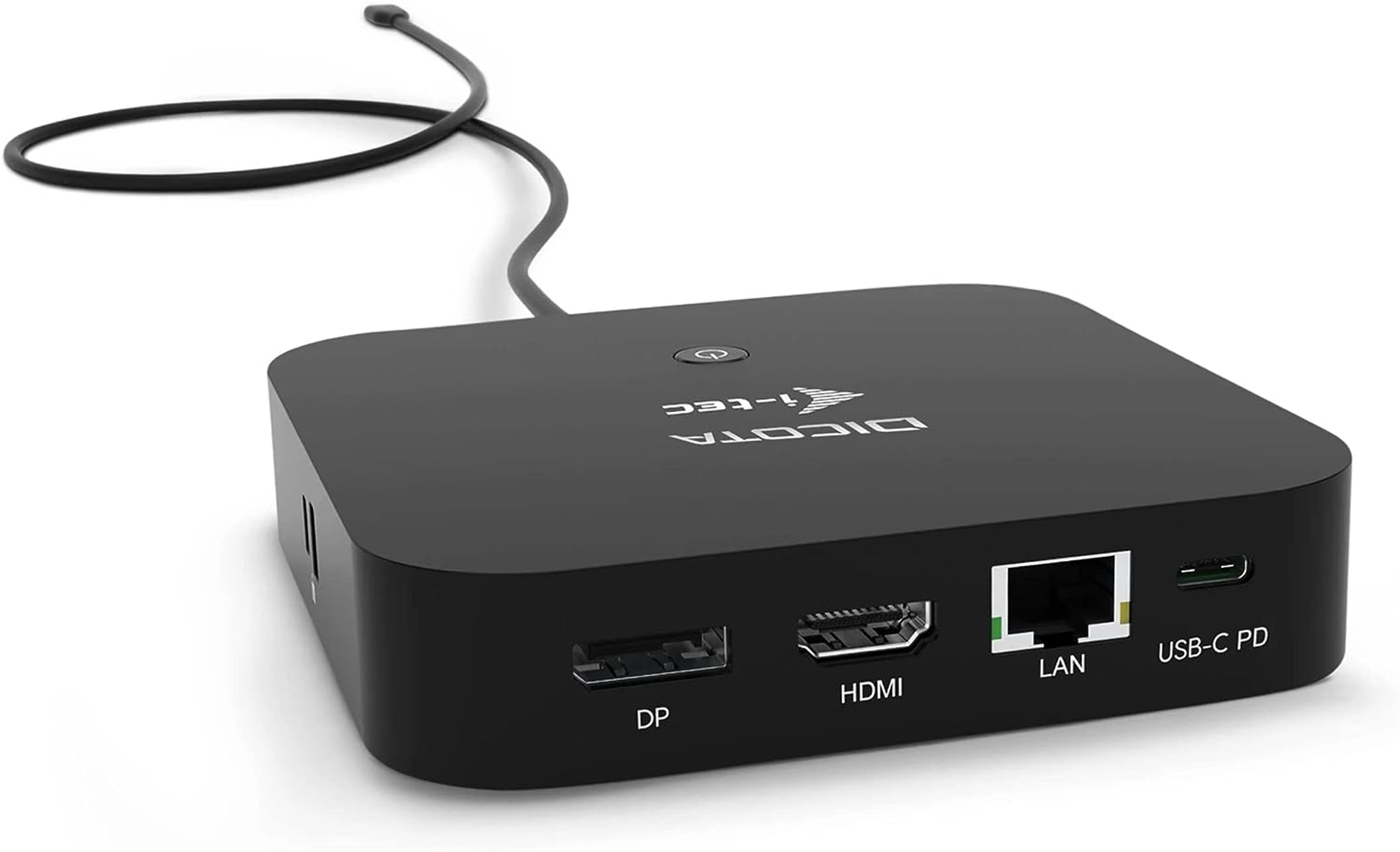 Hub I-tec nero con porte DP, HDMI, LAN e USB-C. Sfondo bianco.