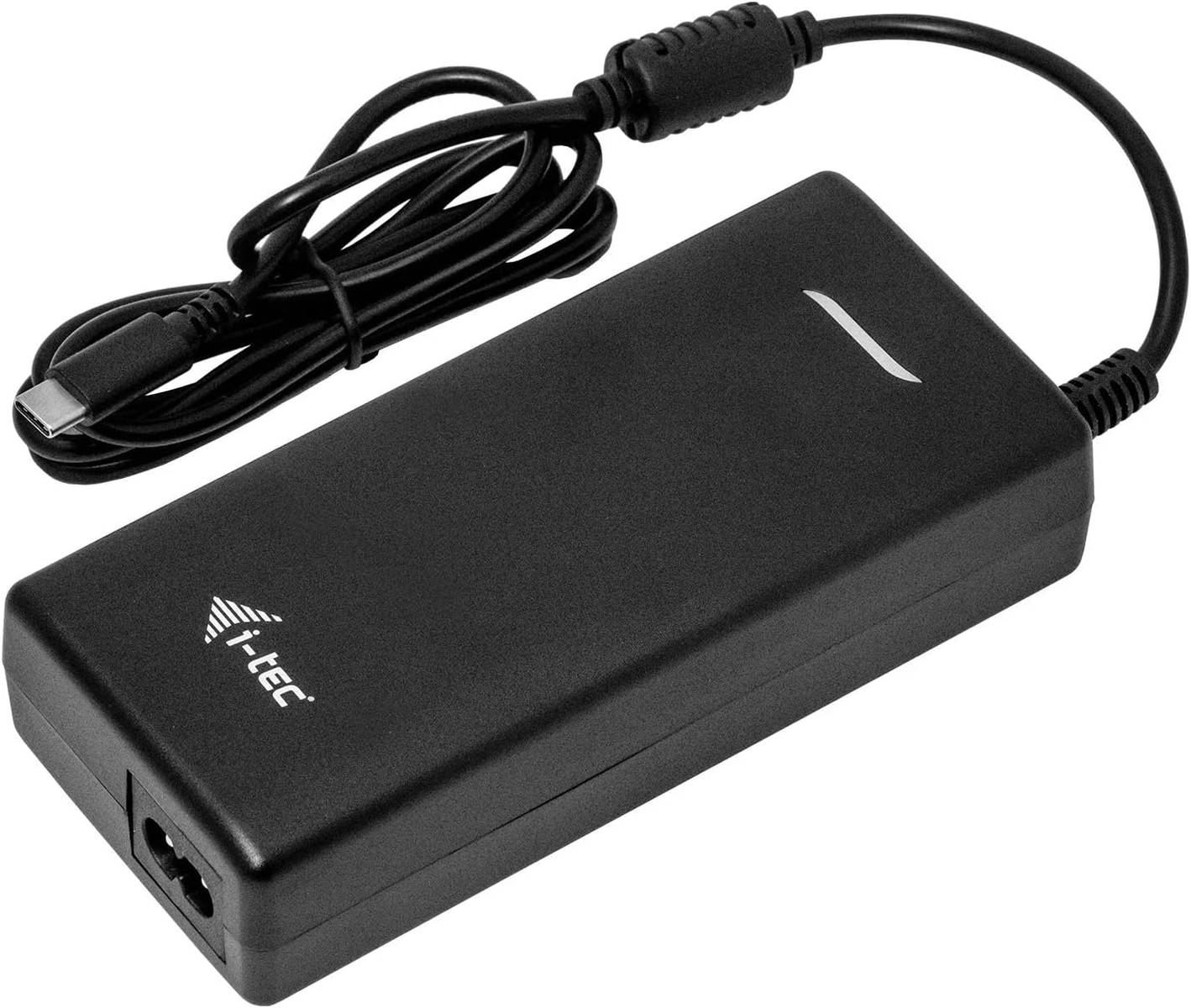 Un caricabatterie per laptop nero con connettore USB-C e cavo nero.