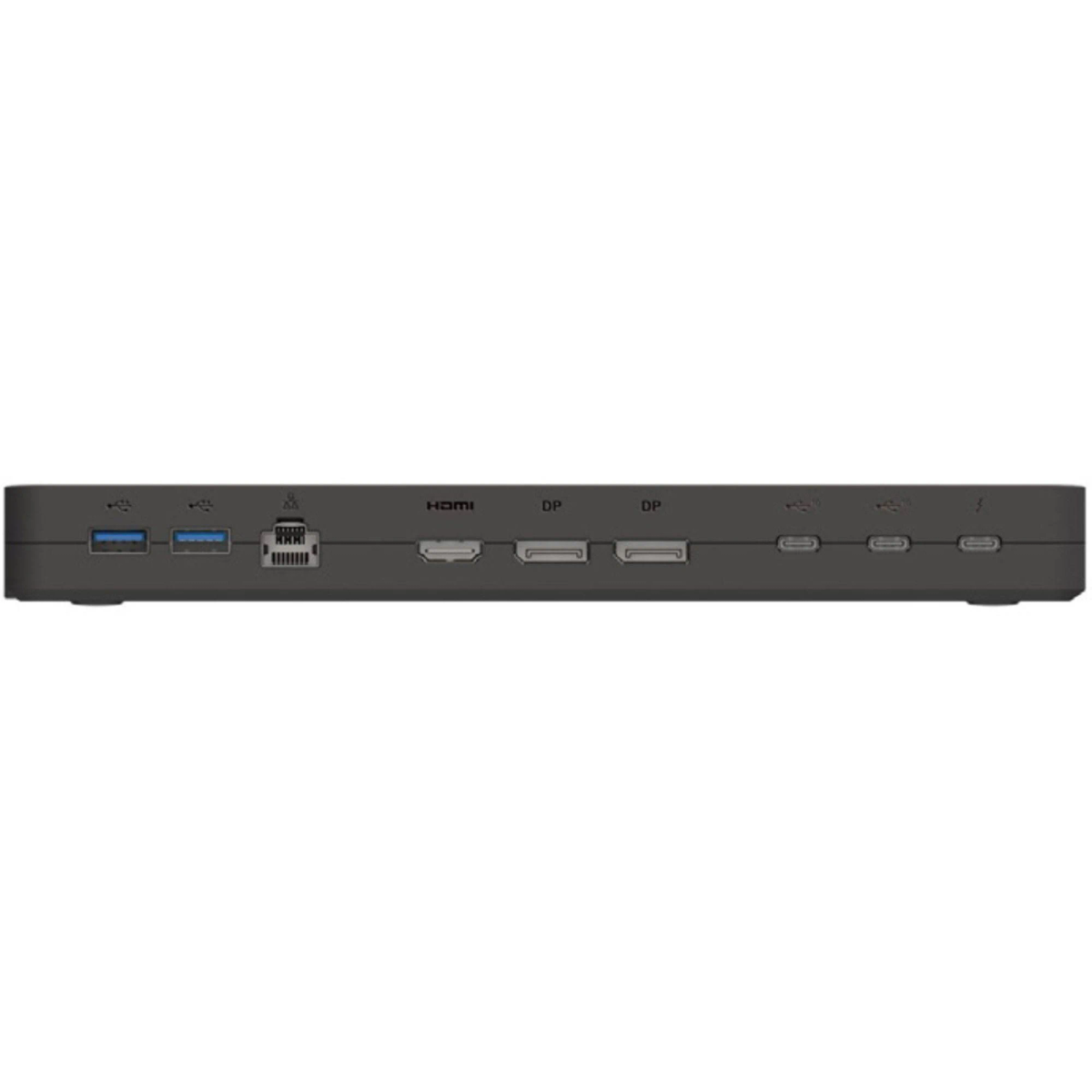 Rückseite eines schwarzen Geräts mit Anschlüssen: USB, HDMI, DP, Strom und Ethernet.