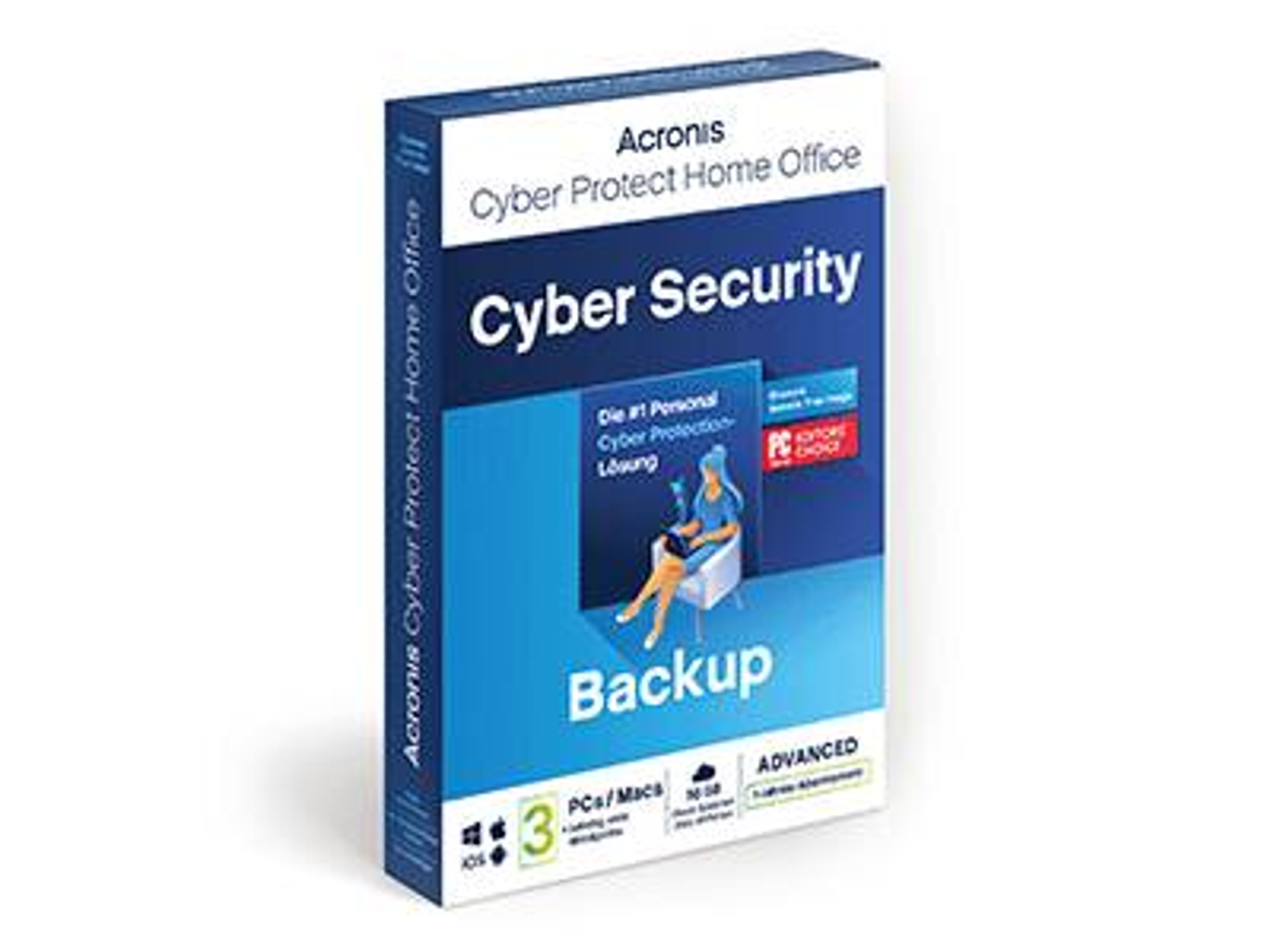Scatola di software con colori blu e bianco. Mostra una donna seduta e il testo 'Cyber Security'.