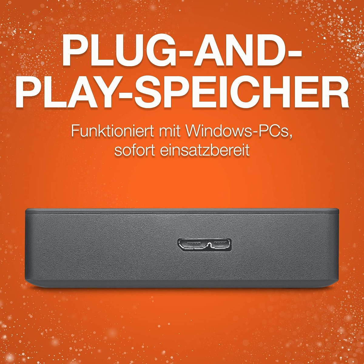 Prostokątny czarny zewnętrzny dysk twardy z tekstem na pomarańczowym tle.