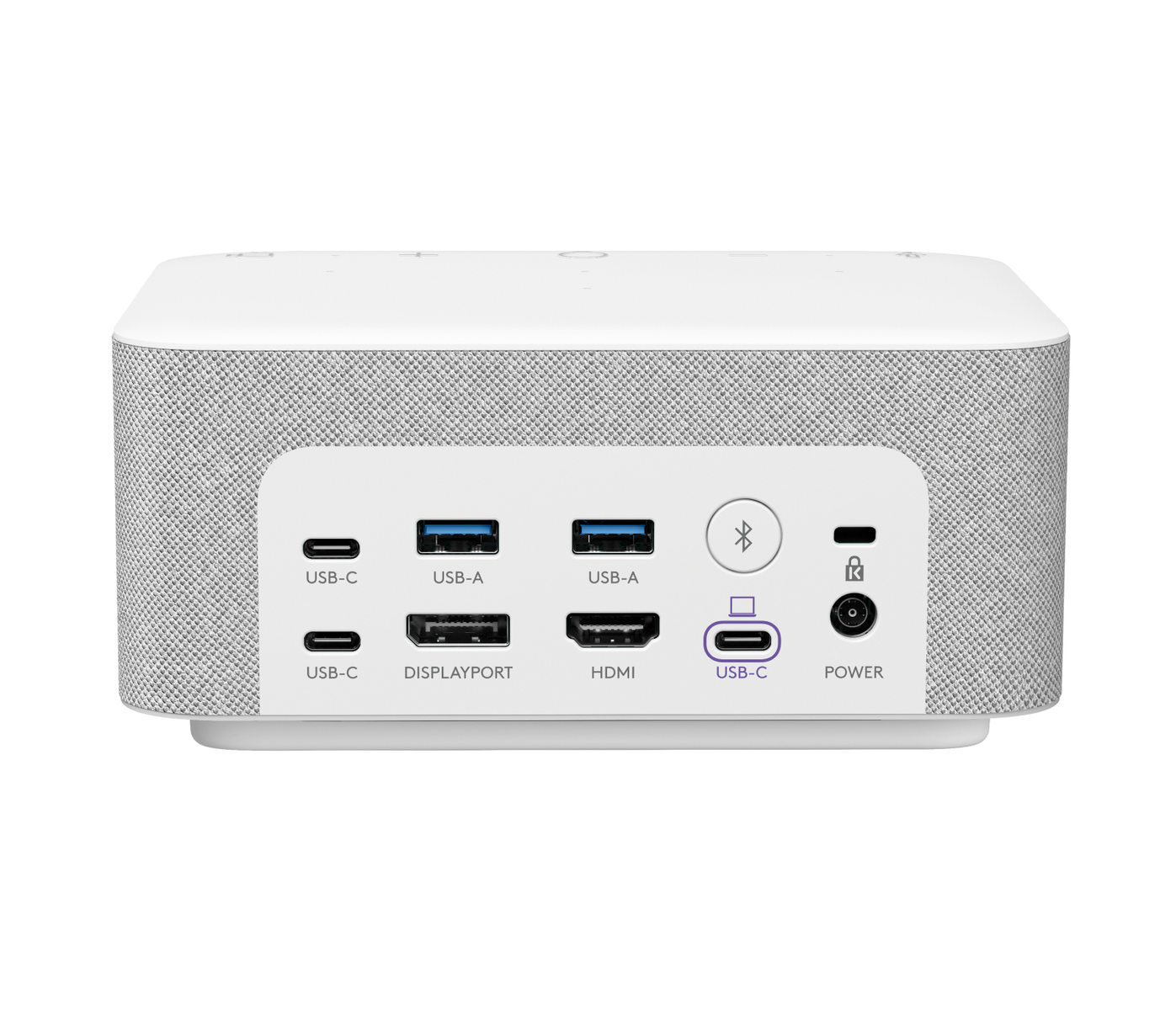Weißer Projektor mit Eingangsanschlüssen. Anschlüsse umfassen USB-C, USB-A, HDMI, DisplayPort und Strom.