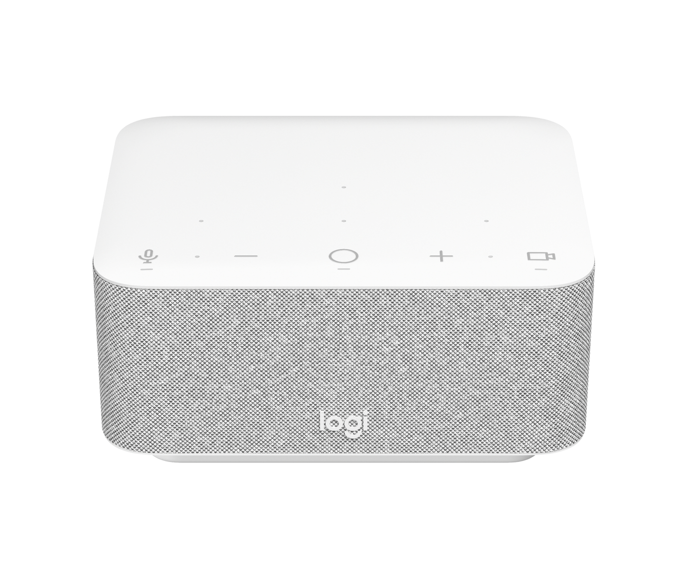Weißer Smart Speaker mit Lautstärkereglern und Mikrofon-Stummtaste.