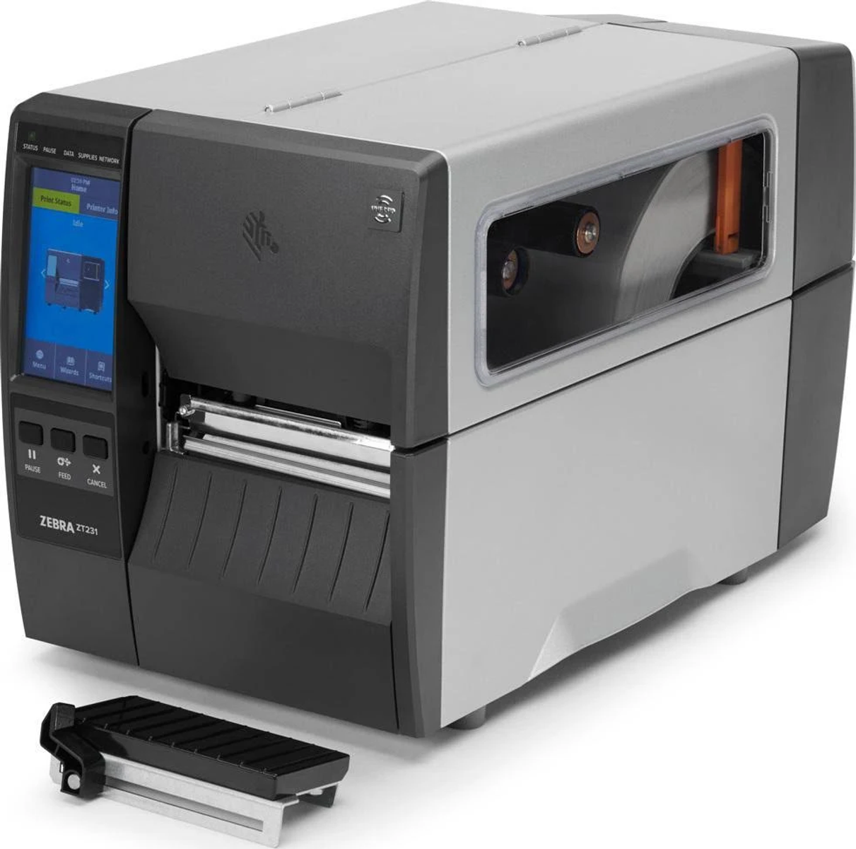 Drucker mit Display. Der Drucker ist weiß und grau. Der Bildschirm zeigt Informationen.