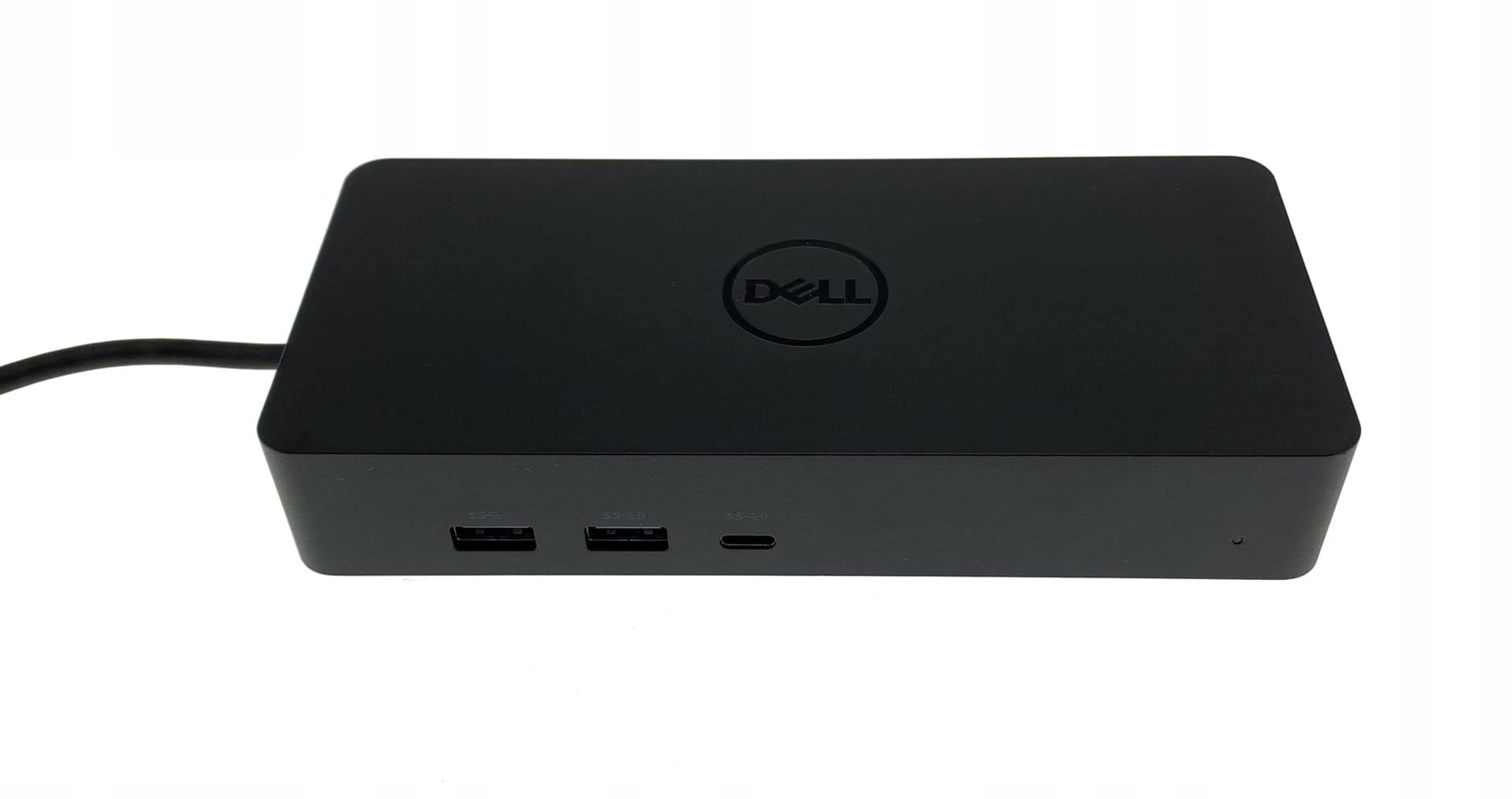 Czarna stacja dokująca Dell z portami USB-C i USB-A z przodu.