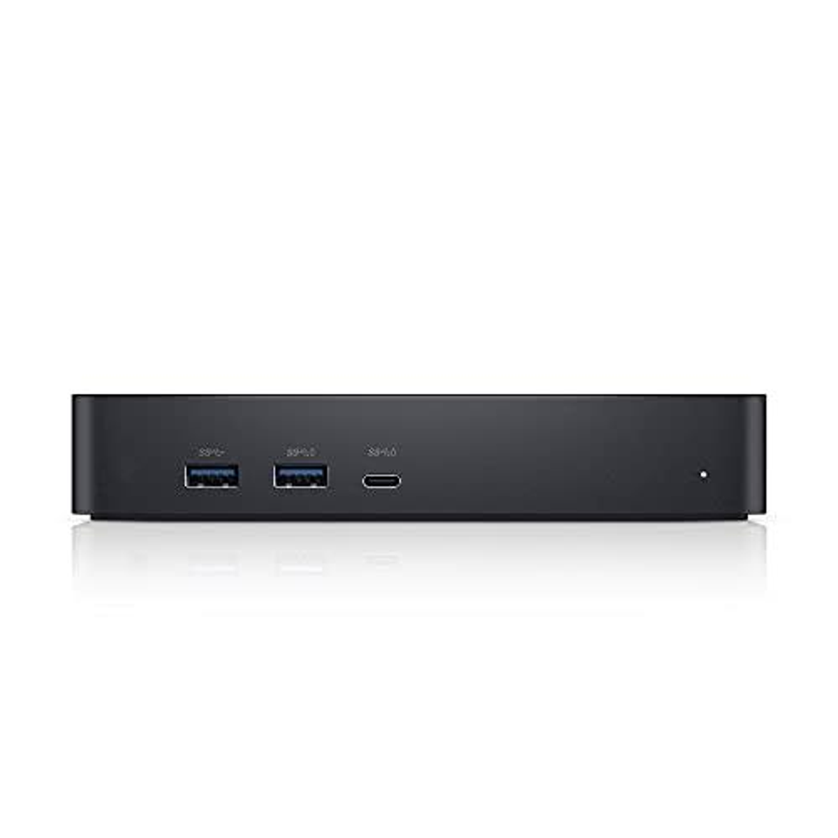 Czarna stacja dokująca z portami USB-A i USB-C, odbijająca się na gładkiej powierzchni.
