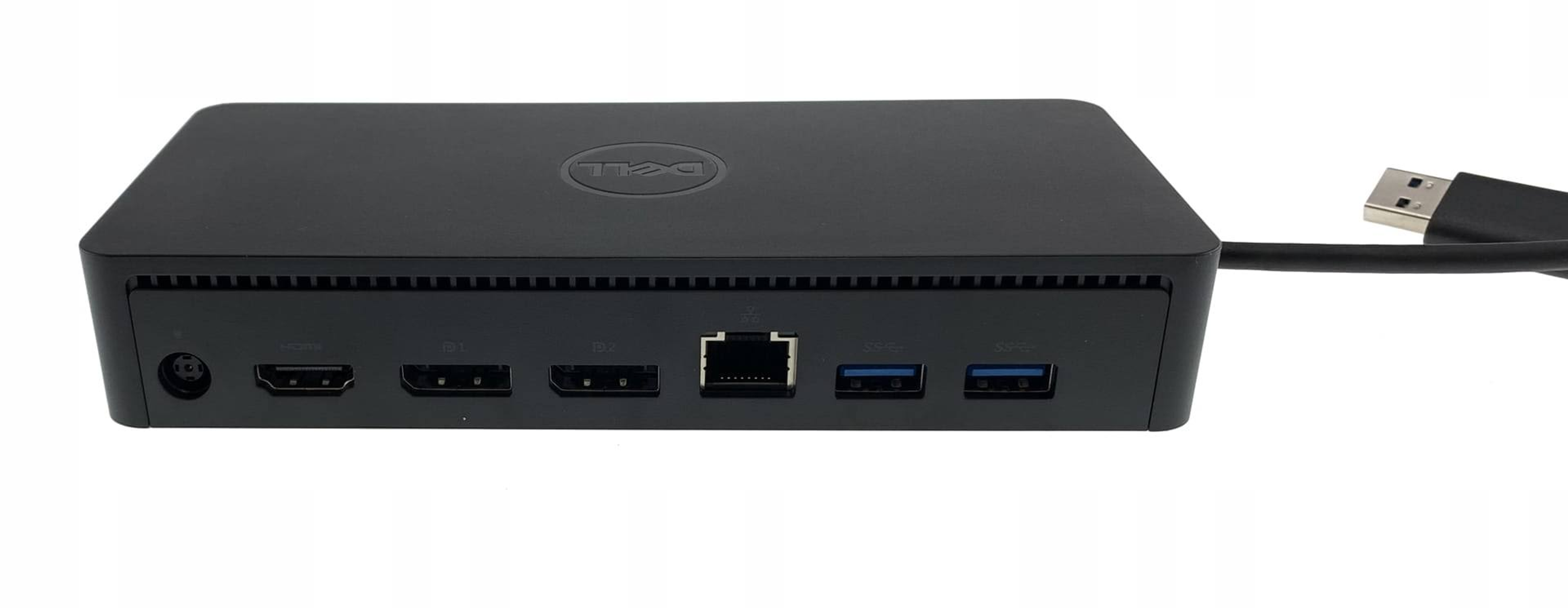 Czarna stacja dokująca Dell z portami HDMI, DisplayPort, Ethernet i USB. Dołączony jest kabel USB.