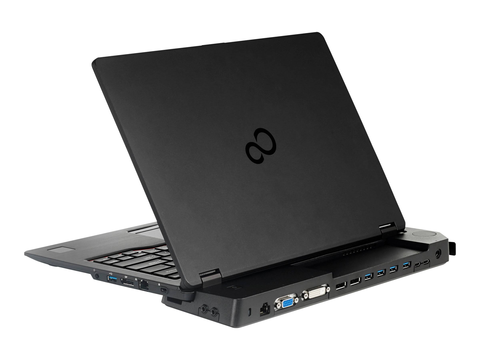 Ein schwarzes Laptop mit geöffnetem Deckel, das ein Dock mit Anschlüssen auf der Rückseite zeigt.