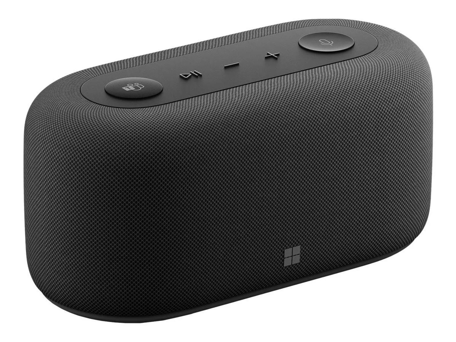 Schwarzer Microsoft Teams Lautsprecher, oval geformt, mit Tasten und Logo.