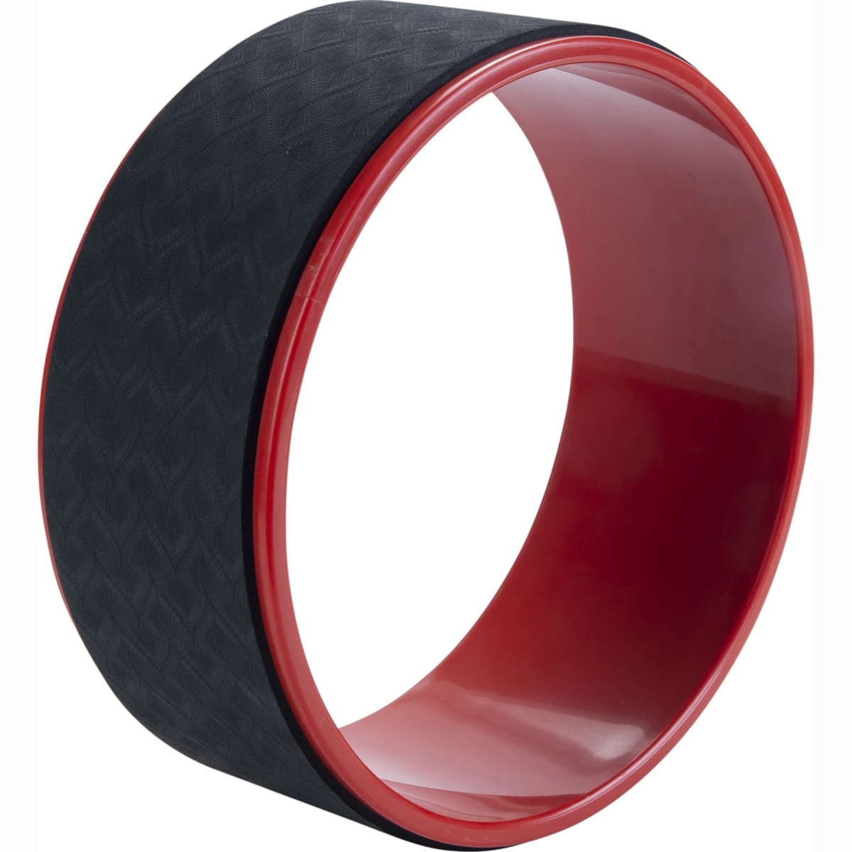 Ruota yoga rossa e nera, con un anello esterno nero strutturato e un anello interno rosso.
