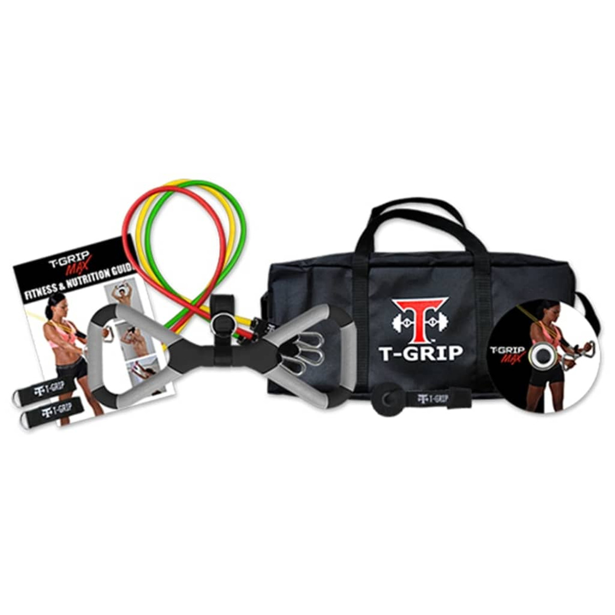 Fitness-Set mit Widerstandsbändern, Griffen, Tasche und DVD, auf weißem Hintergrund angeordnet.