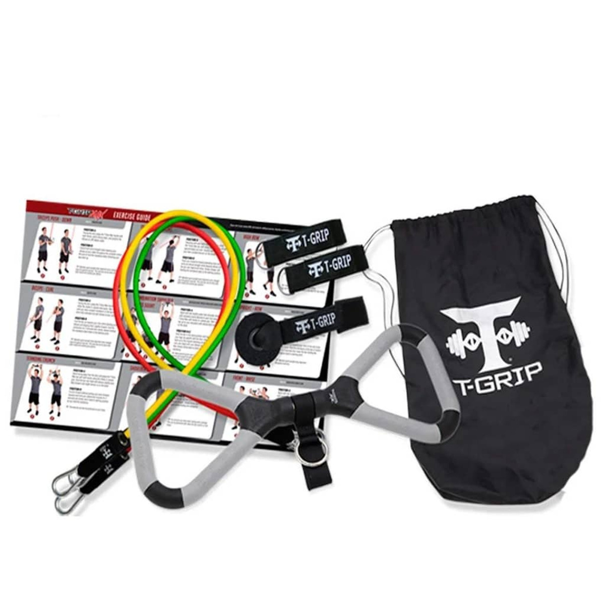 Trainingsset mit T-Grip-Griffen, Widerstandsbändern, Trainingsanleitung und einer schwarzen Tasche.