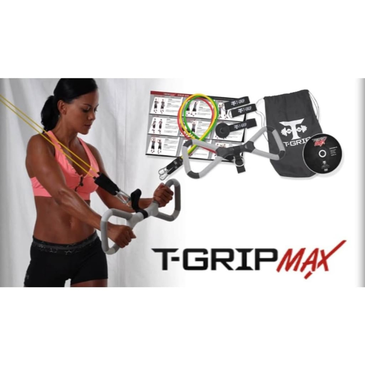 Eine Frau demonstriert ein T-Grip Max Trainingsset mit mehreren Trainingsgeräten.
