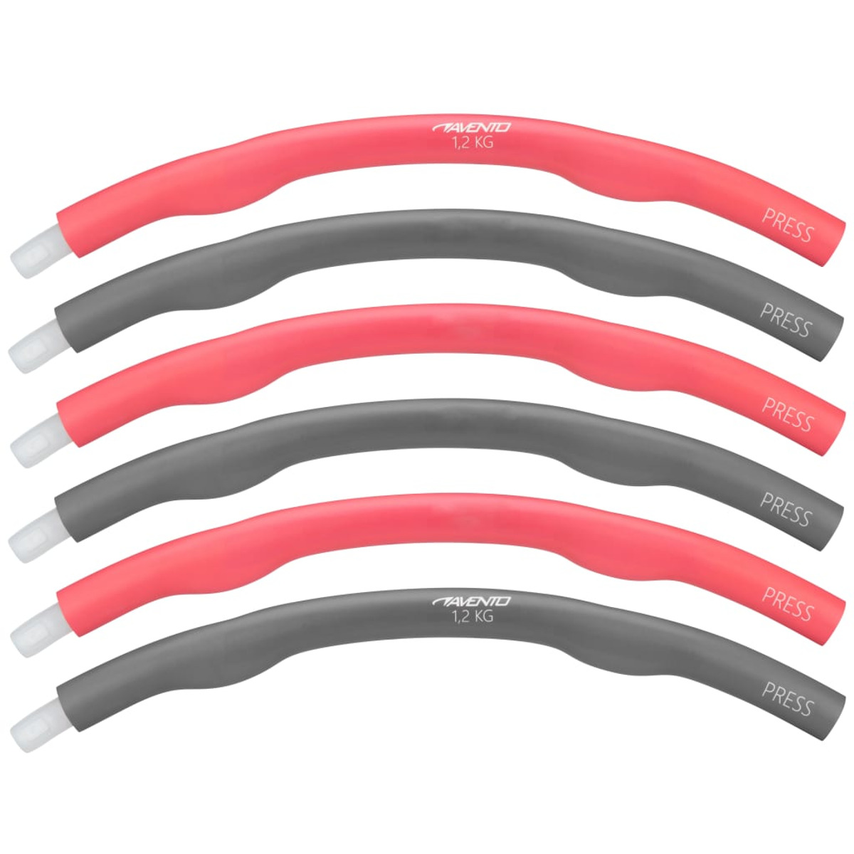 Sechs gewichtete Hula-Hoops, abwechselnd rot und grau, auf weißem Hintergrund.