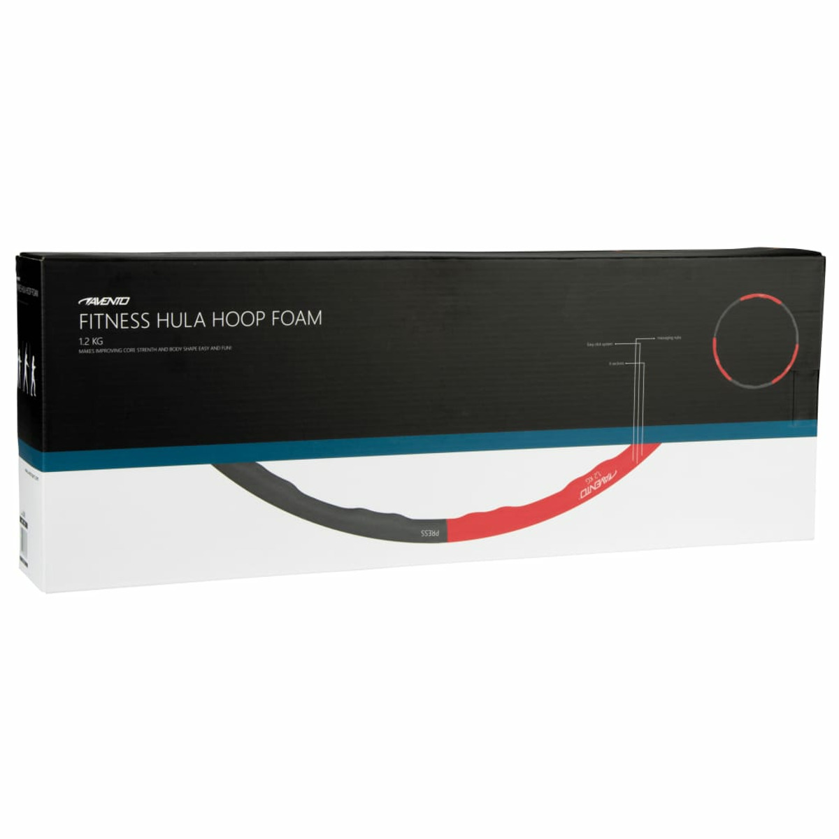 Eine Box für einen Fitness-Hula-Hoop, schwarz und rot, mit Text und Diagramm.