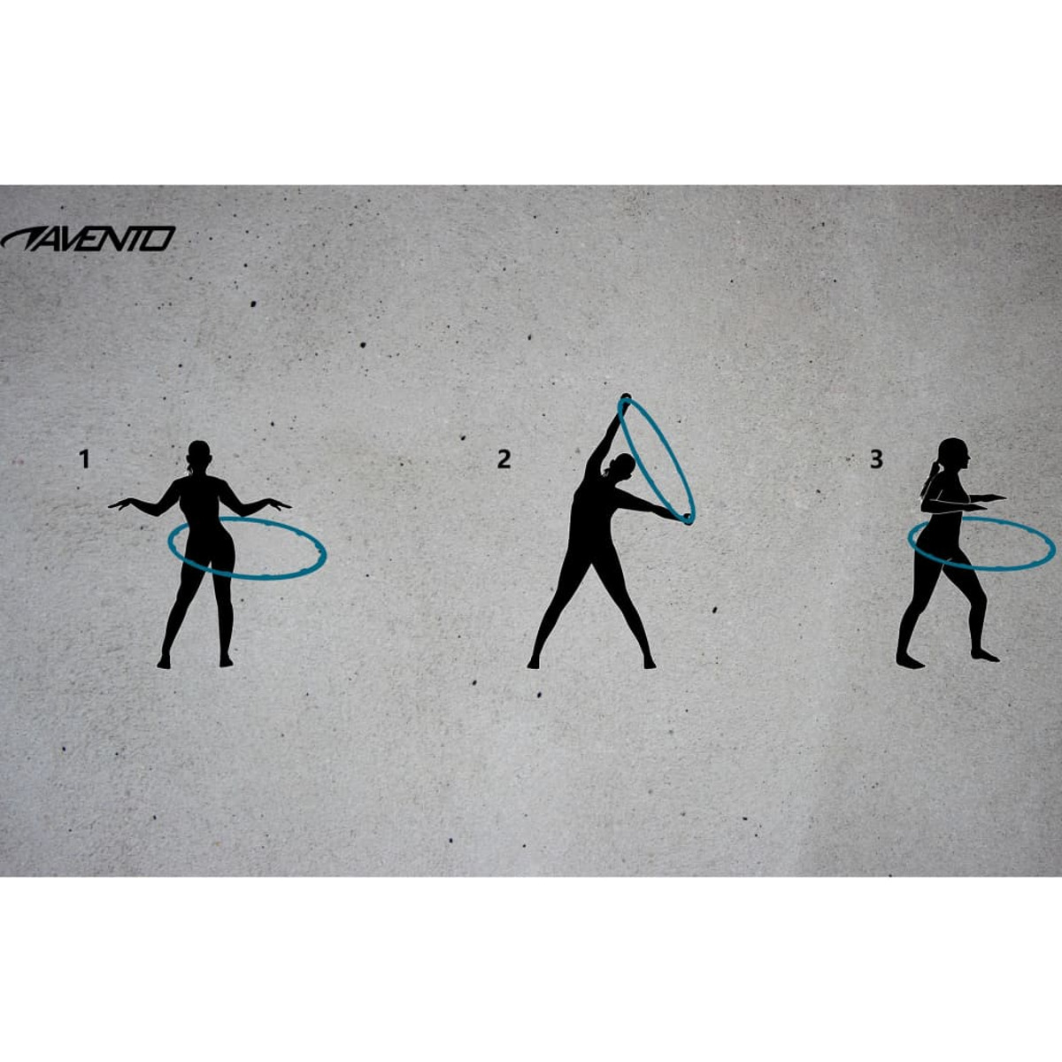 Drei Figuren demonstrieren Hula-Hooping. Die Schritte sind nummeriert und zeigen verschiedene Positionen mit einem Reifen.