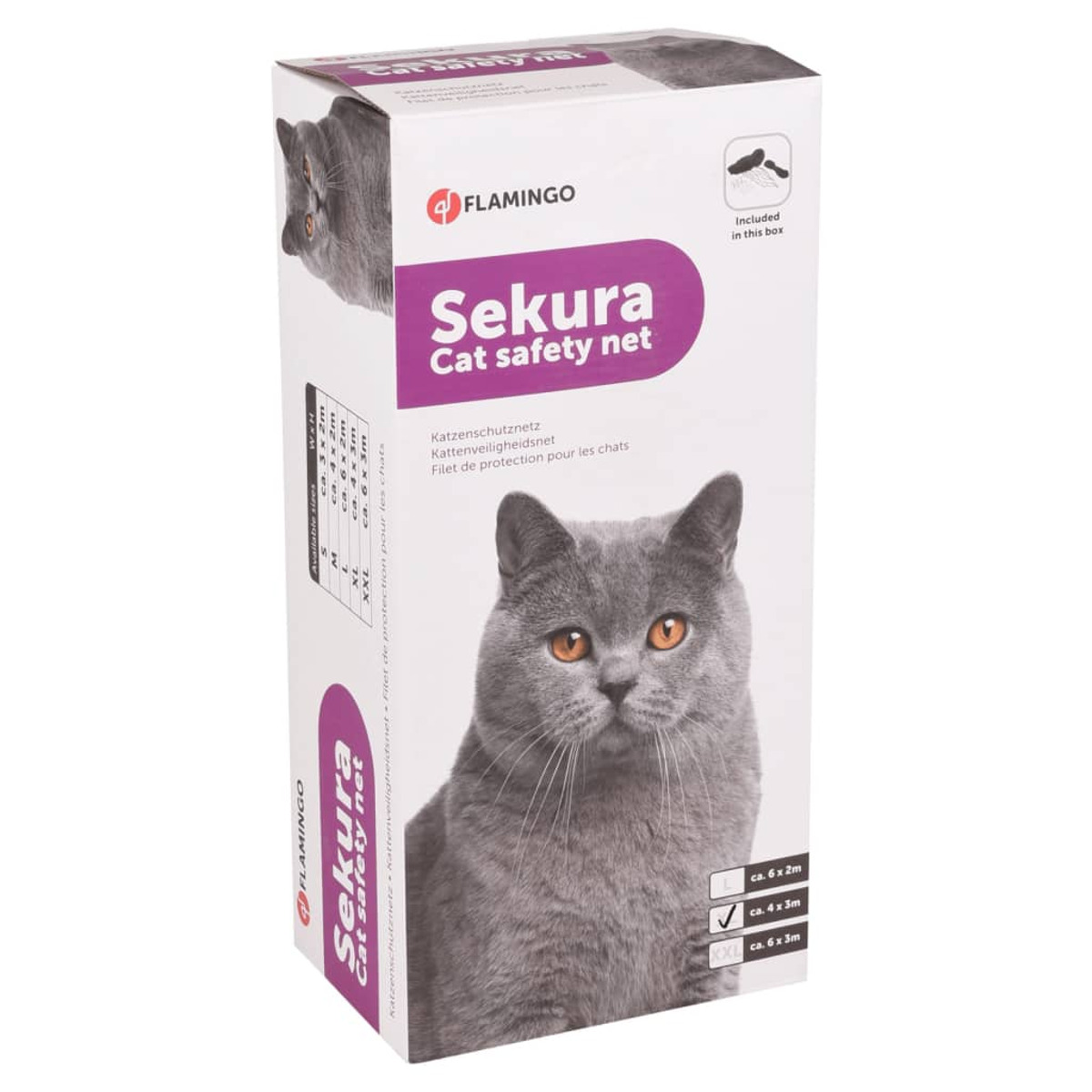 Katzen-Sicherheitsnetz-Box mit einer grauen Katzenillustration. Weißer Hintergrund. Text in mehreren Sprachen.