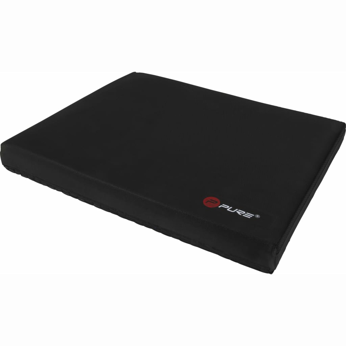 Cuscino rettangolare nero con bordi arrotondati. Logo 'PURE' sulla superficie. Sfondo bianco.