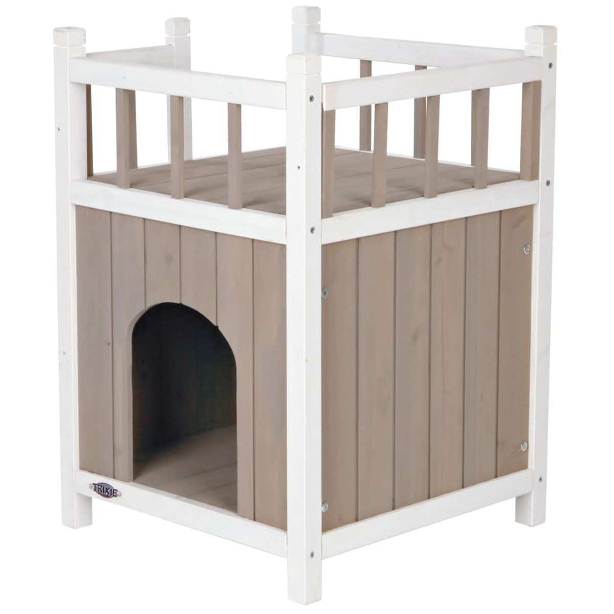 Holzhundehütte mit grauen Wänden und weißem Rahmen. Hat eine gewölbte Tür.