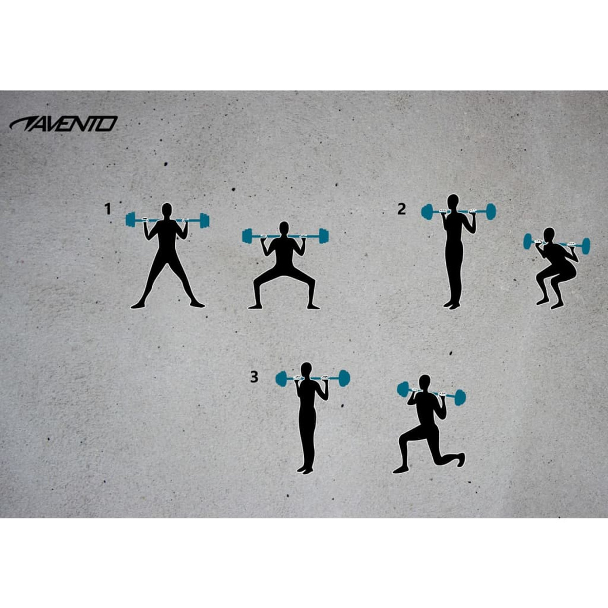 Diagramma di esercizi di sollevamento pesi: squat, in piedi e affondi con un bilanciere. Sfondo grigio.