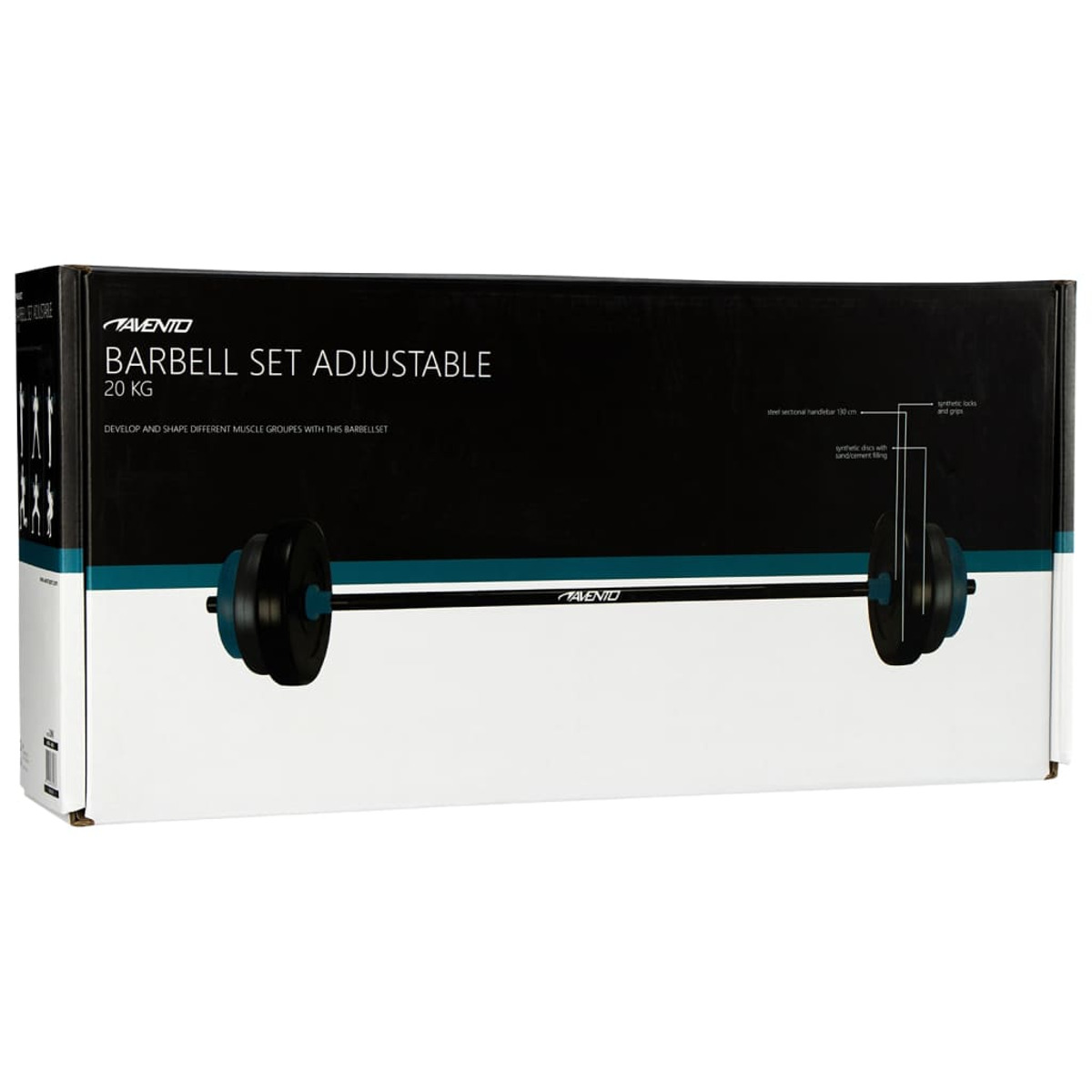 Scatola per set bilanciere. Bilanciere nero con pesi blu. Testo: Barbell Set Adjustable 20 KG.