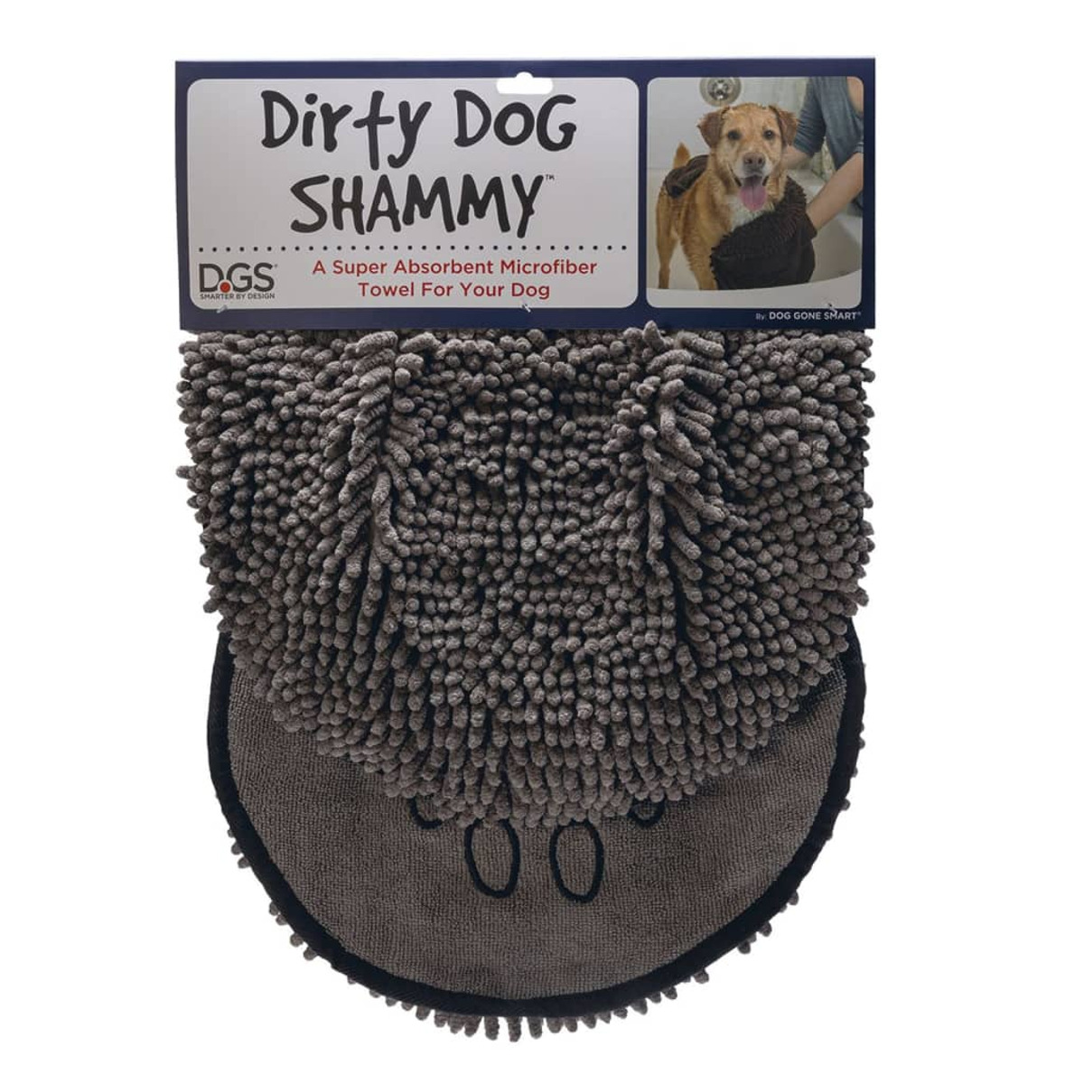 Hundetuch mit Hunde-Gesichtsdesign. Verpackung zeigt einen Hund im Bad.