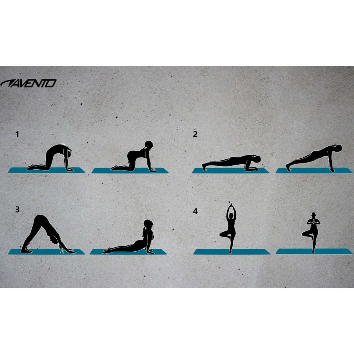 Istruzioni per le posizioni yoga. Figure silhouette che eseguono varie mosse yoga su tappetini blu.