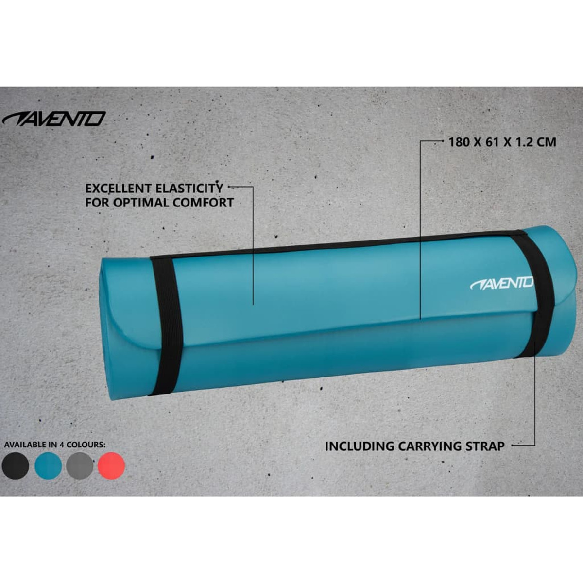 Tappetino yoga blu arrotolato con cinghie nere, con testo e dimensioni.