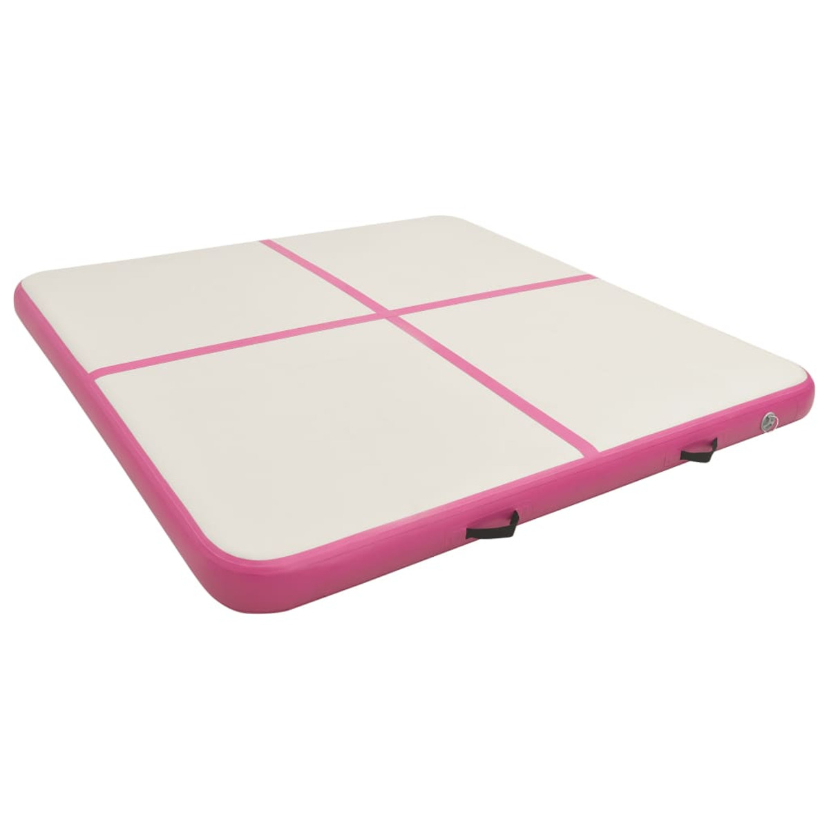 Tappeto air track bianco e rosa. I bordi rosa creano quattro quadrati uguali.