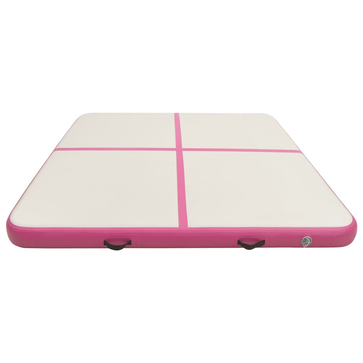 Materassino rettangolare rosa e bianco per ginnastica. Sfondo bianco.