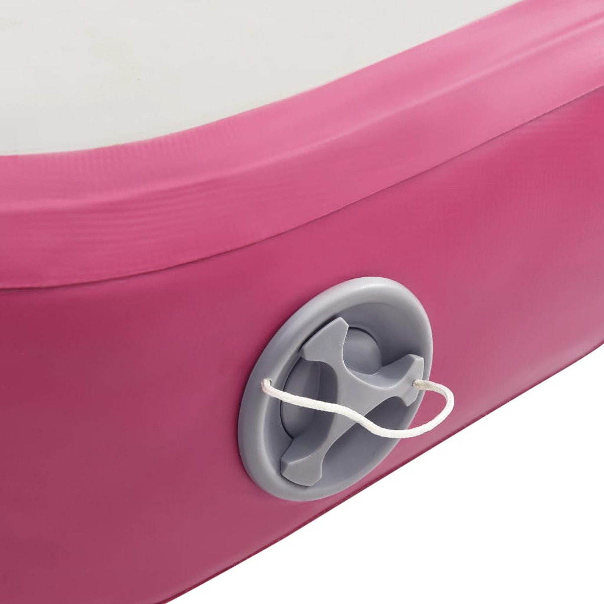 Primo piano di un gonfiabile rosa, che mostra la valvola e una corda bianca.
