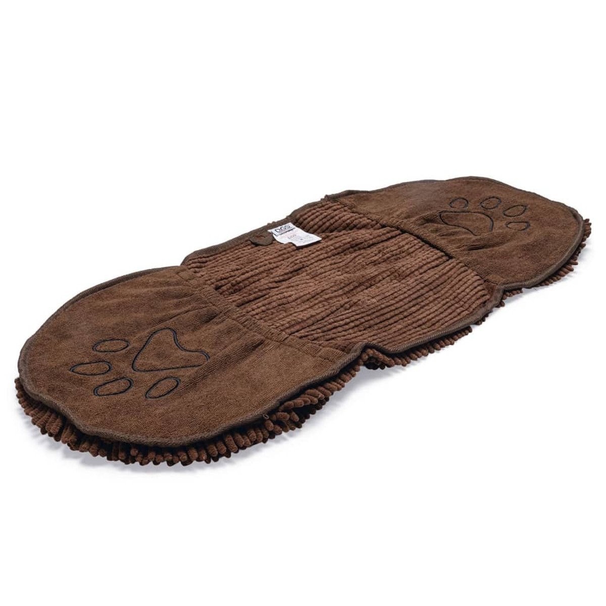 Ein brauner Hunde-Sitzbezug mit Pfotenabdruck-Designs, aus strukturiertem, saugfähigem Material.