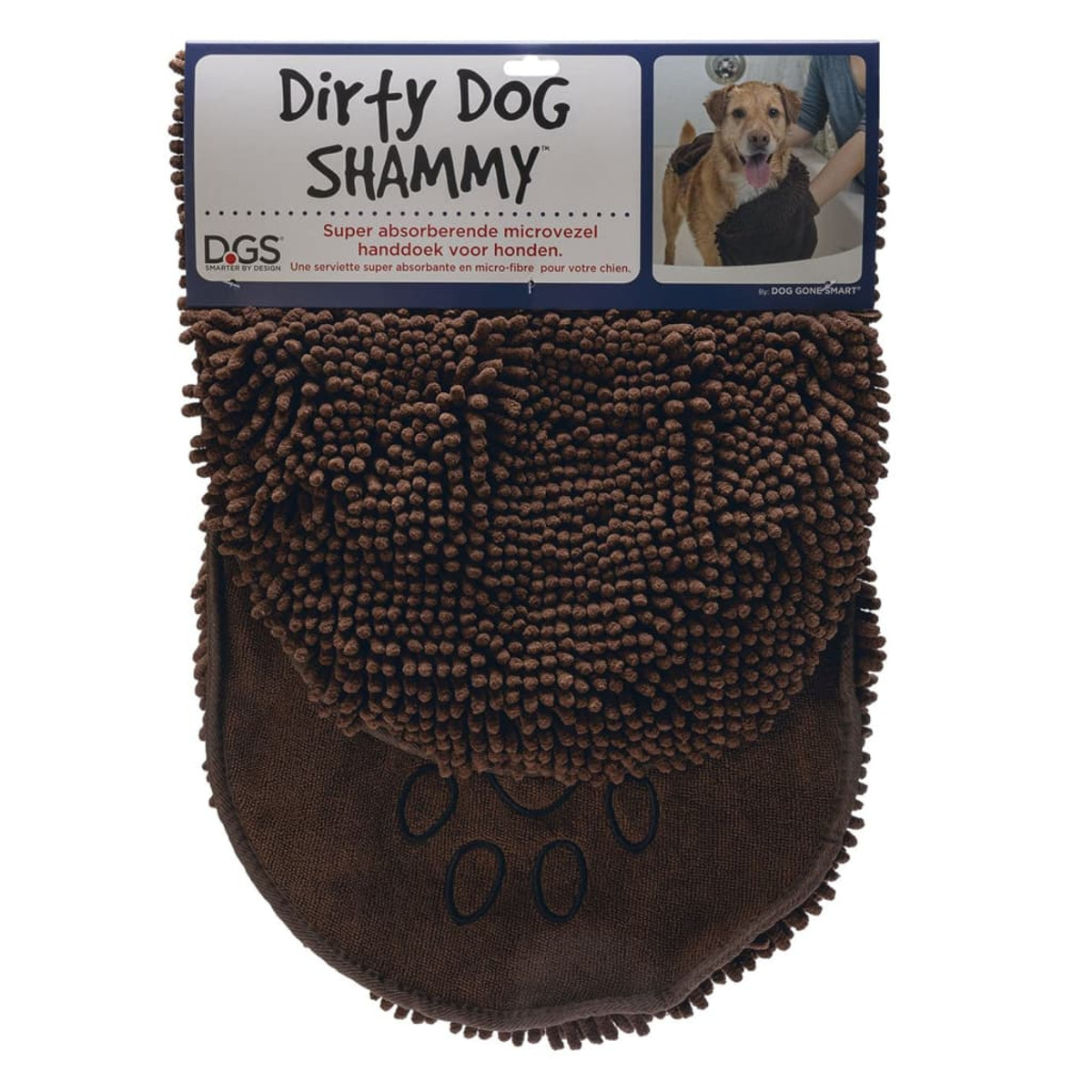 Ein braunes Mikrofaser-Hundetuch mit Pfotenabdruck-Design und Verpackung.