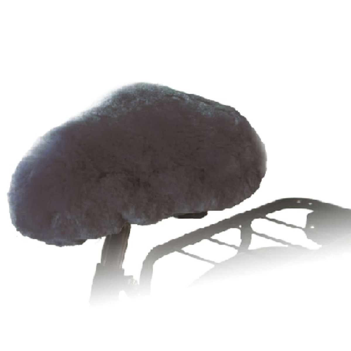 Ein Fahrradsattel mit grauem, flauschigem Bezug, vor weißem Hintergrund.