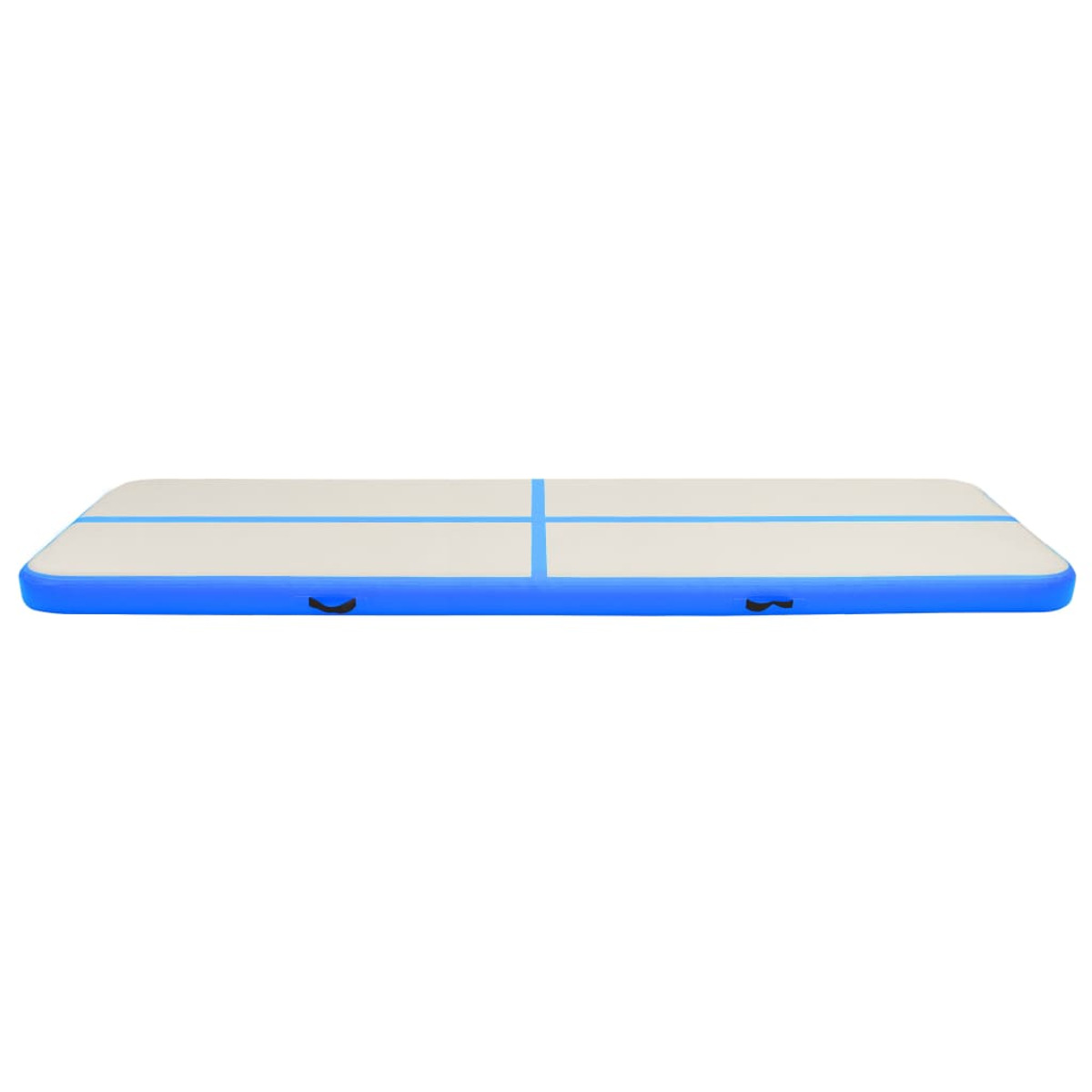 Se muestra una colchoneta de gimnasia inflable. Es azul y blanca, con forma rectangular y líneas azules.
