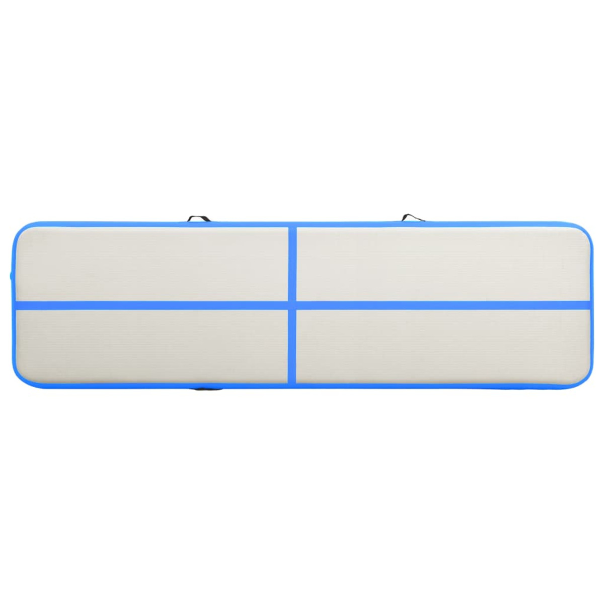 Una colchoneta de gimnasia airtrack rectangular larga azul y blanca, vista desde arriba.