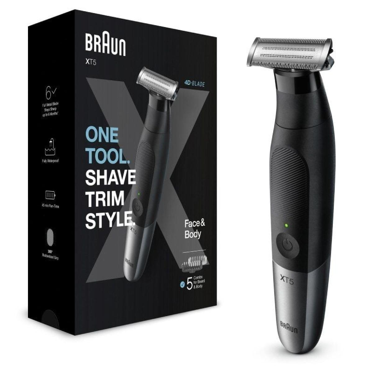 Rasoio elettrico Braun XT5 nero e argento con scatola, dettagli del rasoio e confezione.
