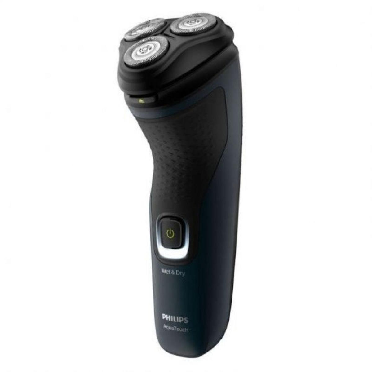 Schwarzer und dunkelblauer Philips AquaTouch Elektrorasierer. Er zeigt den Rasierer und den Markennamen.