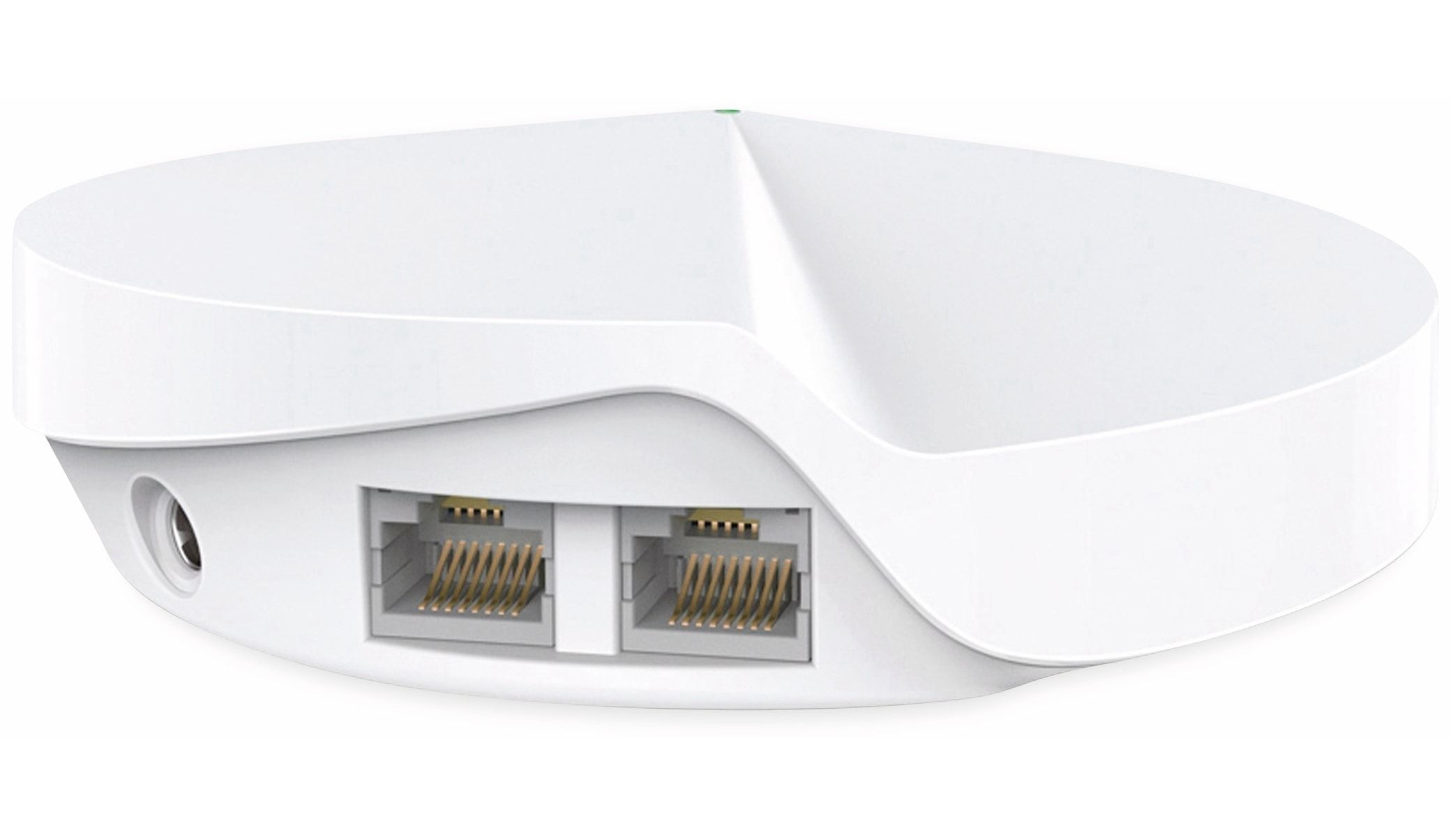 Router blanco con dos puertos de red en la parte trasera. Tiene un diseño curvado.