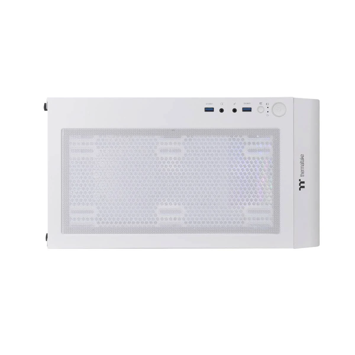 Biała obudowa komputera z siatkowym panelem przednim i panelem górnym.