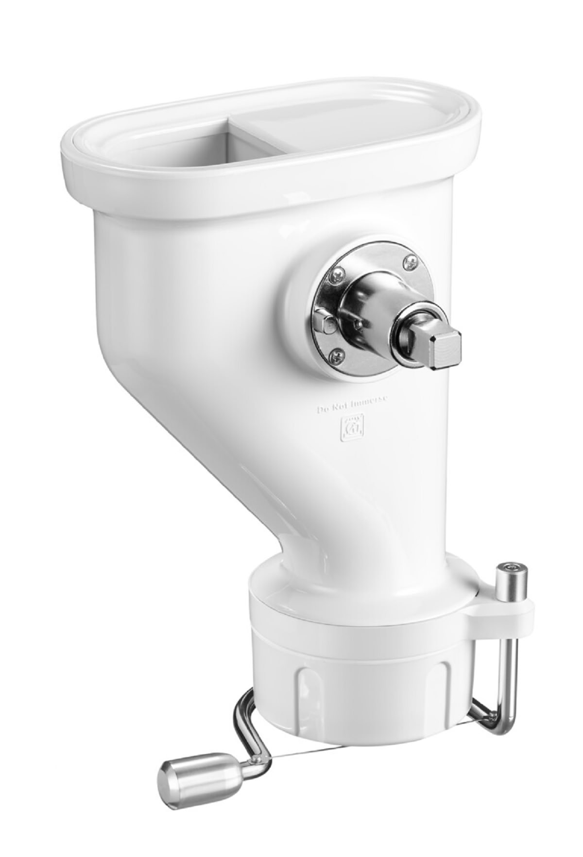 Weißer Küchengrinder mit Griff und Kurbel, Metallkomponenten.