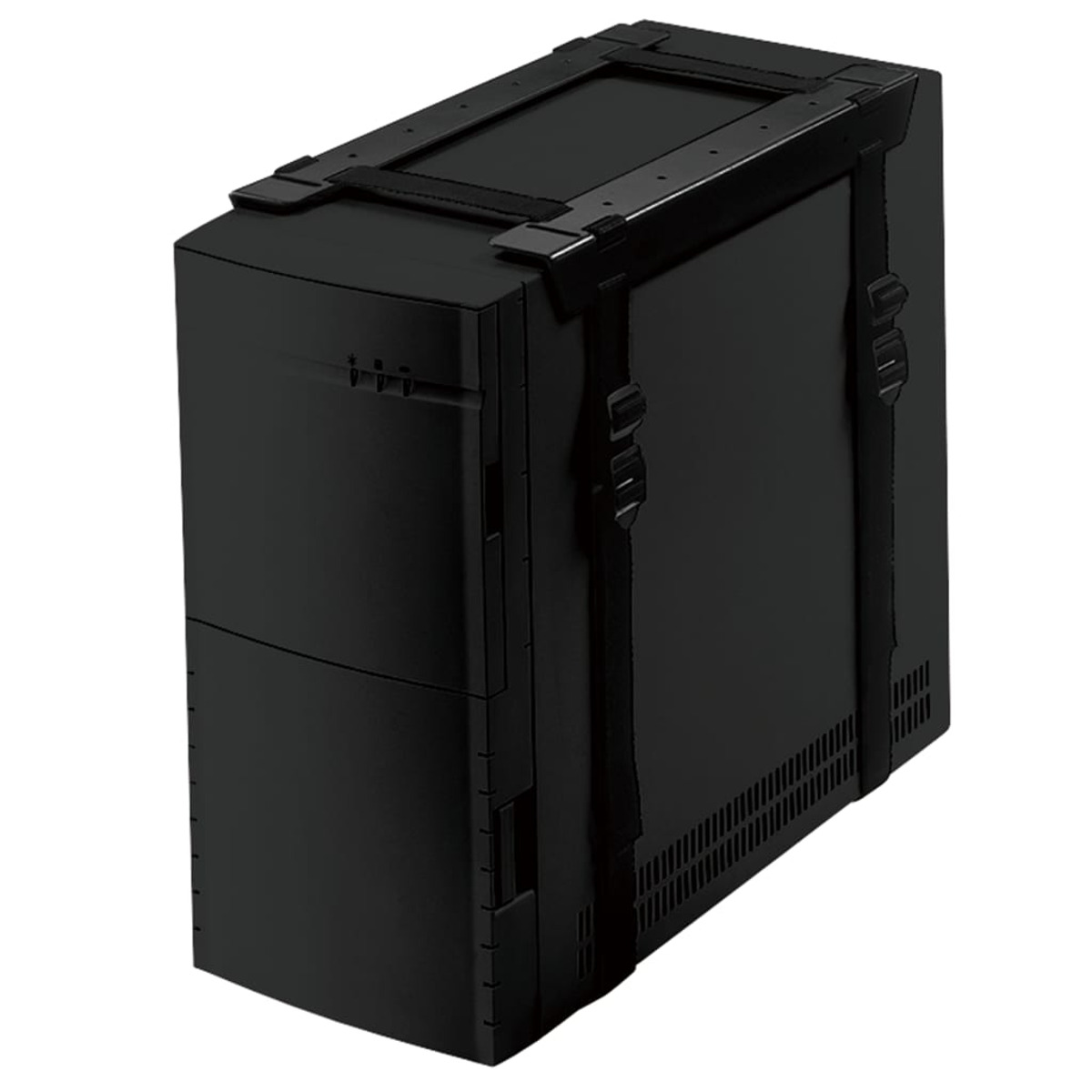 Ein schwarzes PC-Gehäuse mit Riemen. Es ist rechteckig und hat Lüftungsschlitze. Der Hintergrund ist schlicht weiß.