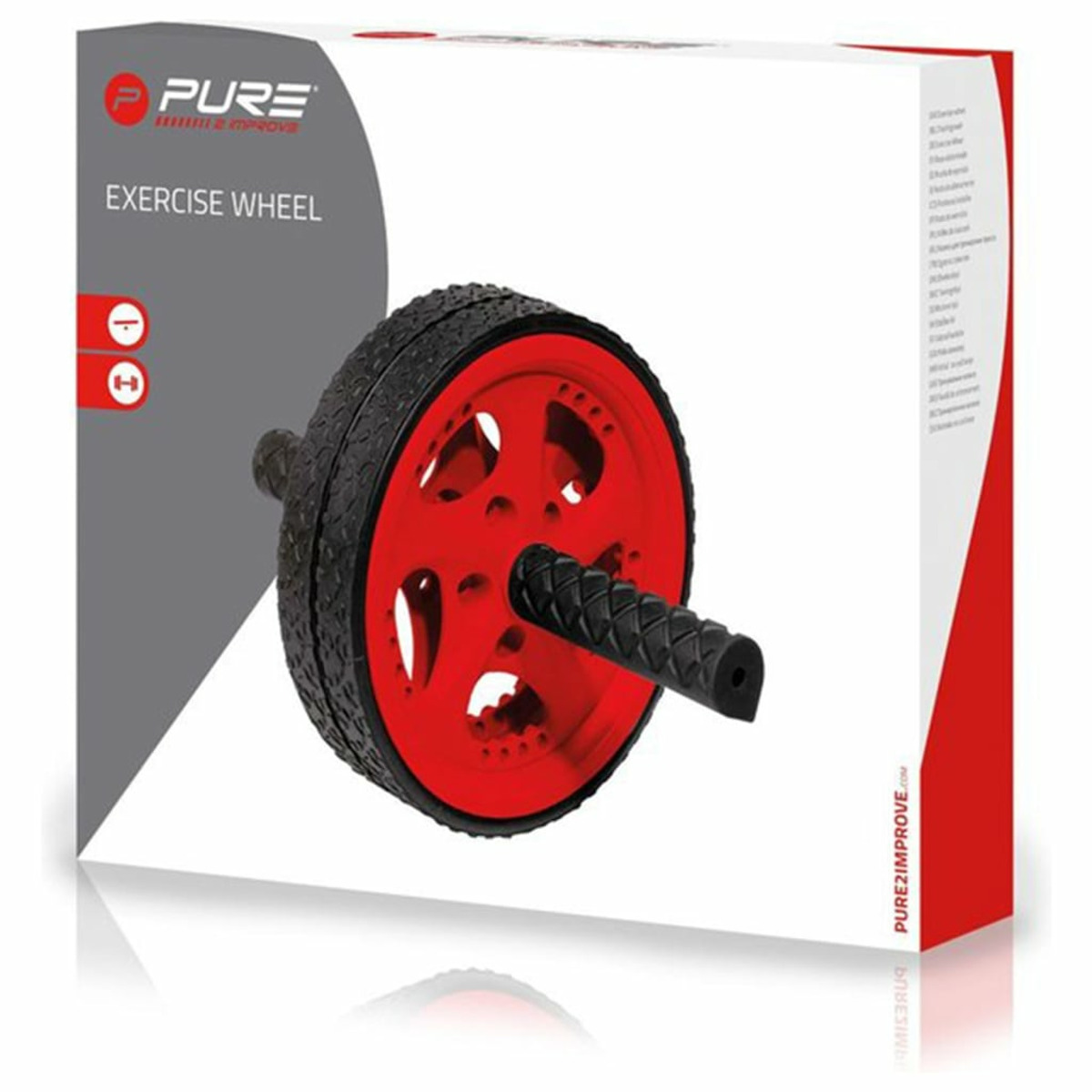 Ruota per esercizi in una scatola bianca con ruota rossa e maniglie nere. Testo 'EXERCISE WHEEL' visibile.