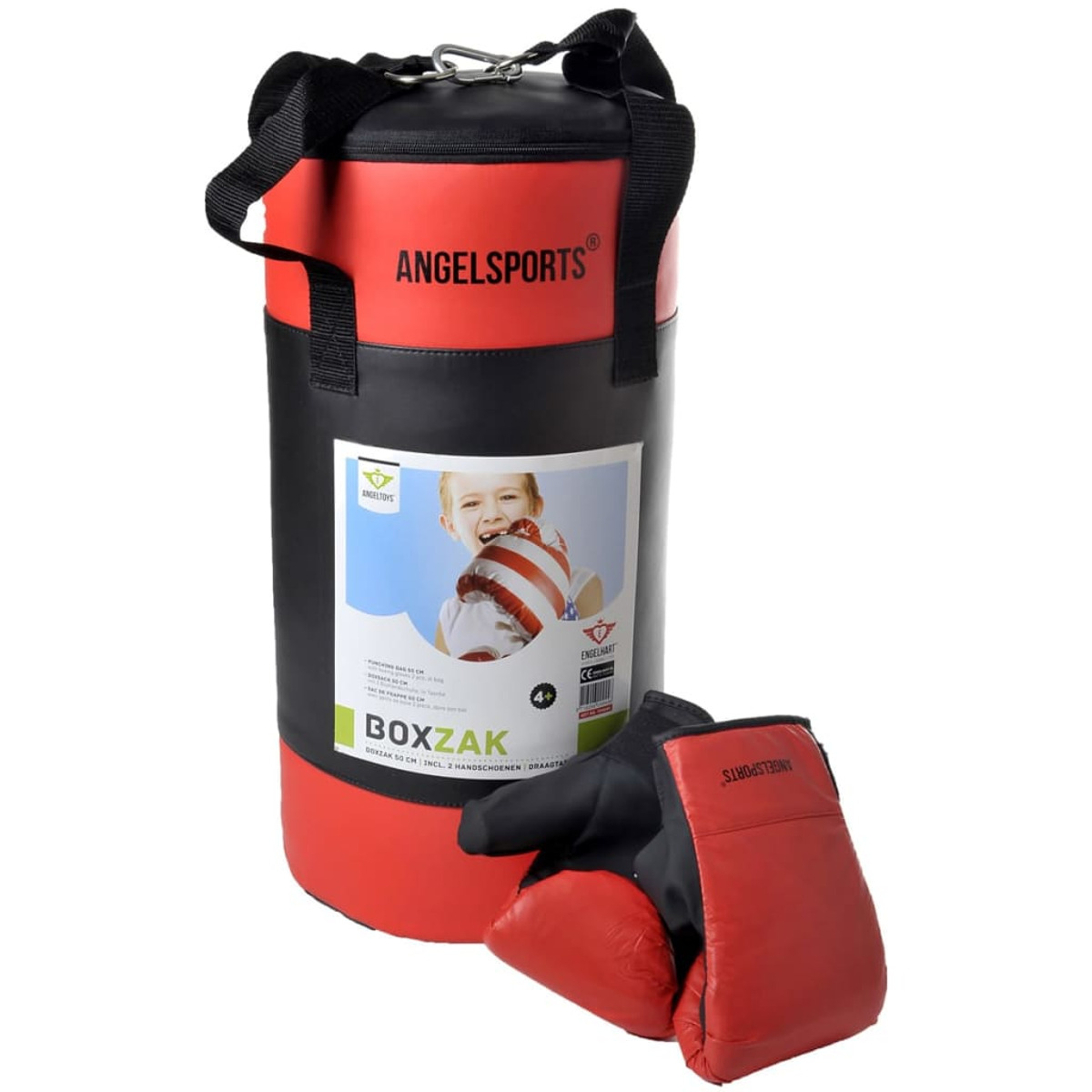 Ein roter und schwarzer Boxsack mit Handschuhen steht auf einer weißen Oberfläche. Auf der Tasche steht ANGELSPORTS.