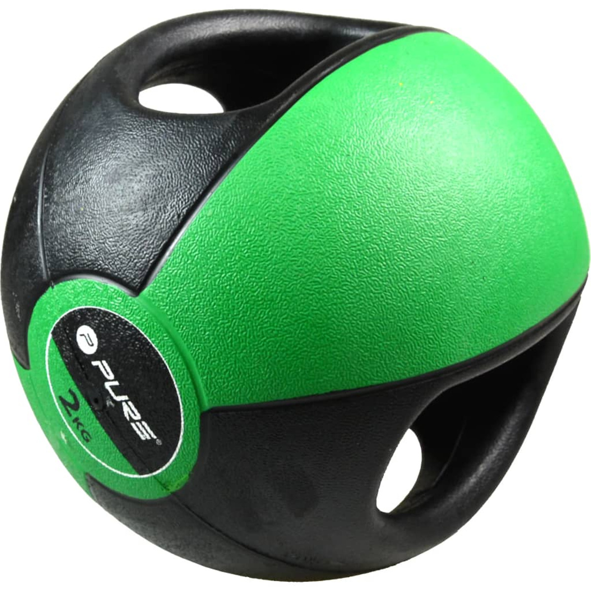 Ballon médicinal vert et noir avec deux ouvertures pour les mains. Le mot PURE est visible.